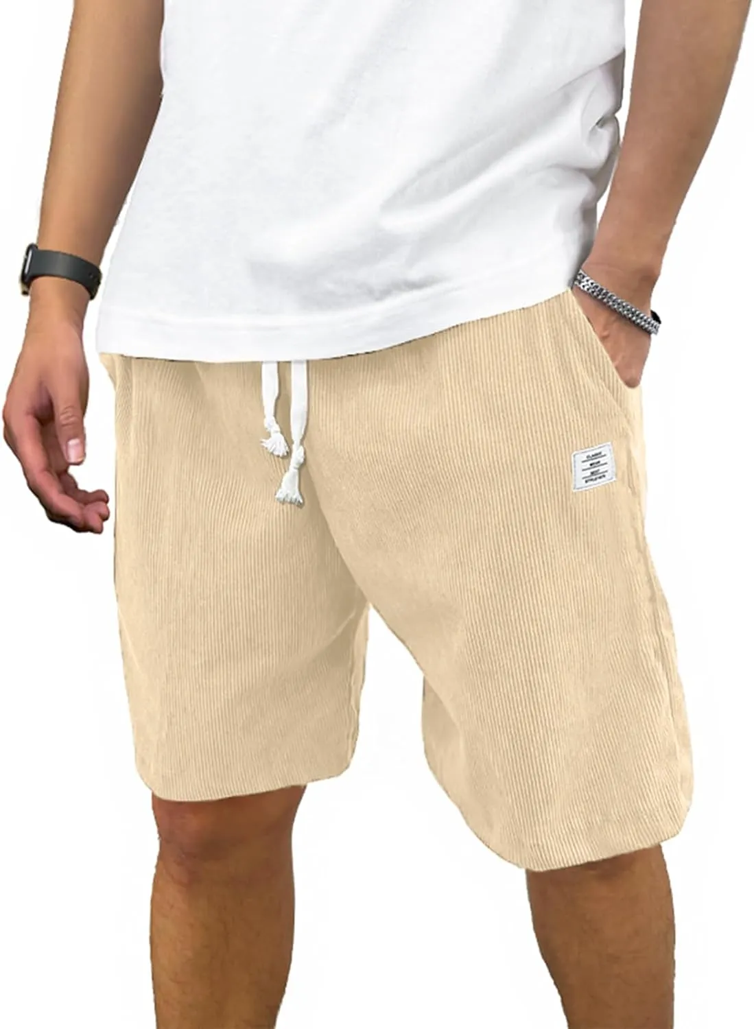 HOTake Mens Corduroy Shorts Casual Elastic Waist Drawstring Summer Beach Loose Fit Shorts