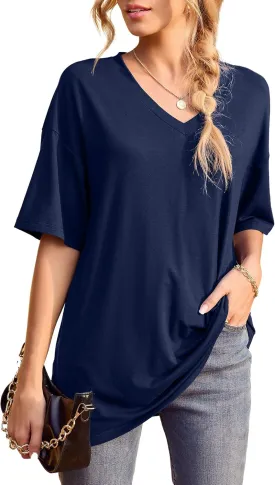 Iandroiy Womens Short Sleeve Tops Dolman V Neck T-Shirts Summer Casual Tunic Tops