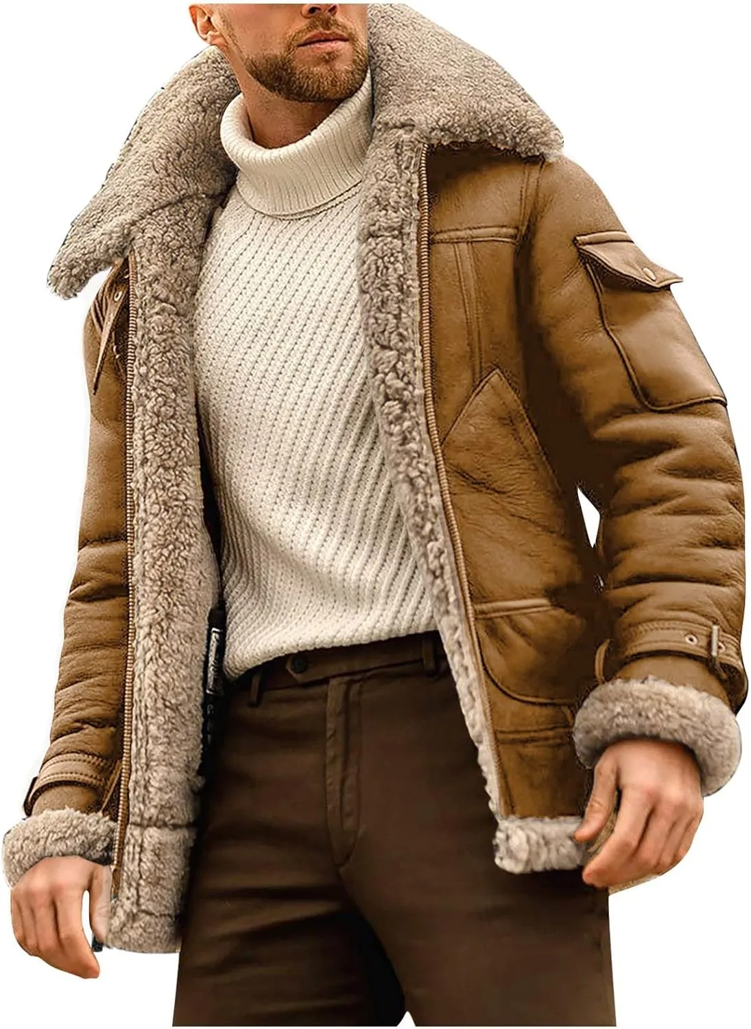 Jacket Men's Thickened Long Sleeves Coat Faux Leather Fleece Jacket Outerwear Jackets for Men