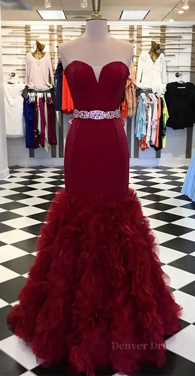 kamahe Burgundy sweetheart mermaid long prom dress, burgundy evening dress