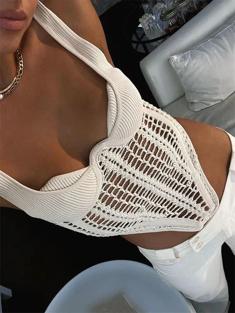 Knitted Hollow Sleeveless Corset Y2K Waist Sexy Out Crop Fishbone Summer Crocheted Top