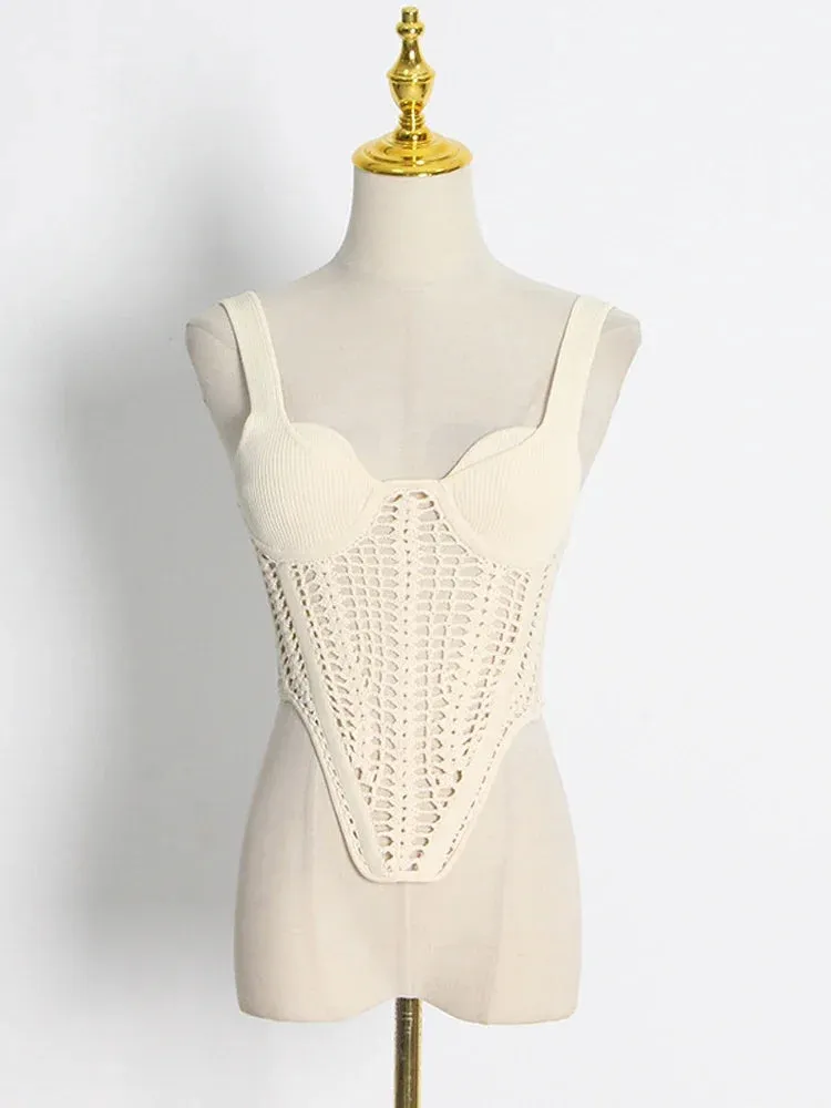 Knitted Hollow Sleeveless Corset Y2K Waist Sexy Out Crop Fishbone Summer Crocheted Top