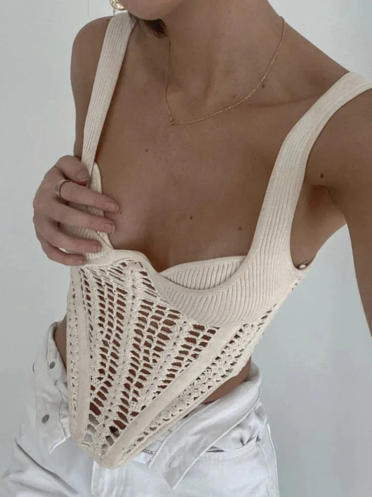Knitted Hollow Sleeveless Corset Y2K Waist Sexy Out Crop Fishbone Summer Crocheted Top