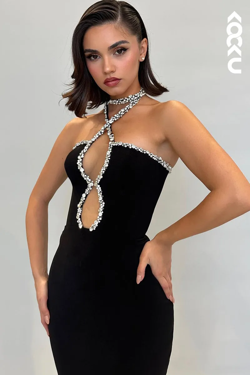 L2179 - Sexy Rhinestone Halter Sleeveless Evening Party Prom Dress