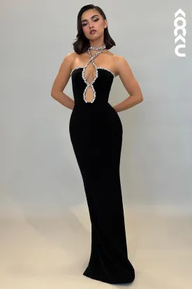 L2179 - Sexy Rhinestone Halter Sleeveless Evening Party Prom Dress