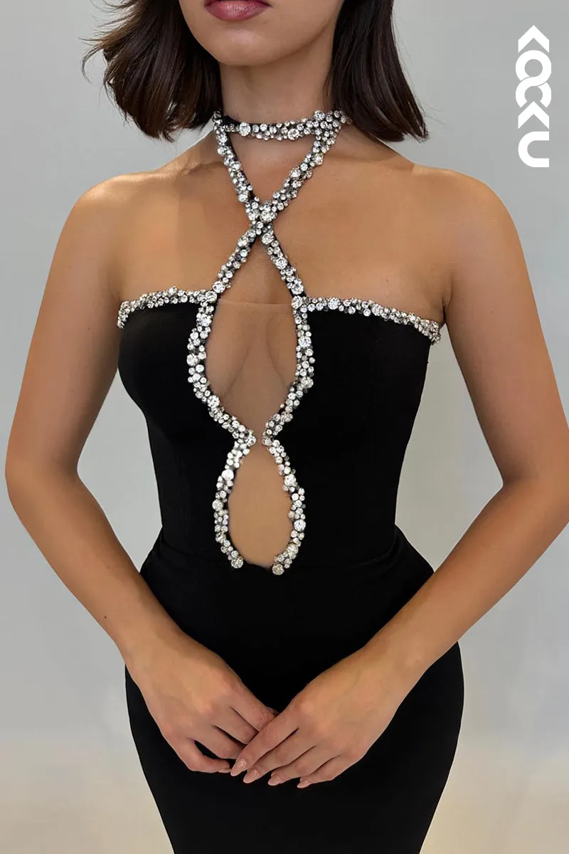 L2179 - Sexy Rhinestone Halter Sleeveless Evening Party Prom Dress