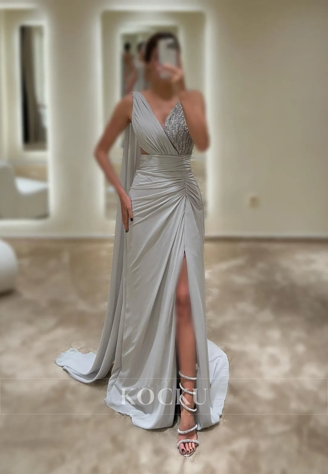 L3082 - Elegant & Simple V-Neck Sleeveless Split Evening Party Prom Dress With Sequined
