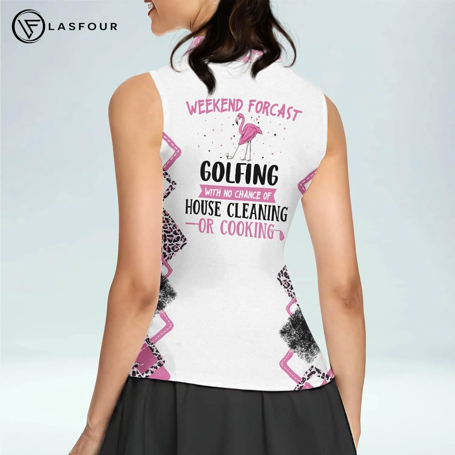 LASFOUR Personalized Funny Golf Shirts for Women Sleeveless. Funny Ladies Golf Shirts, Flamingo Golf Shirt Women