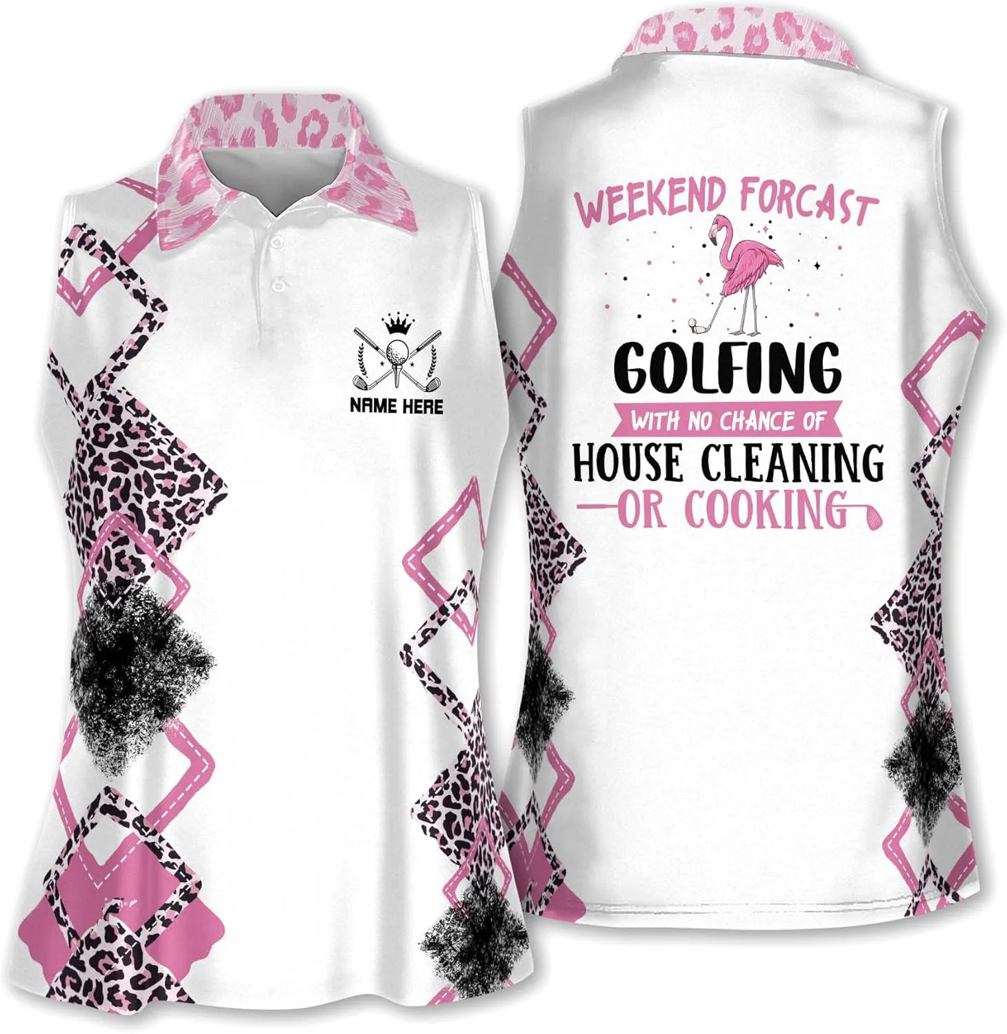 LASFOUR Personalized Funny Golf Shirts for Women Sleeveless. Funny Ladies Golf Shirts, Flamingo Golf Shirt Women