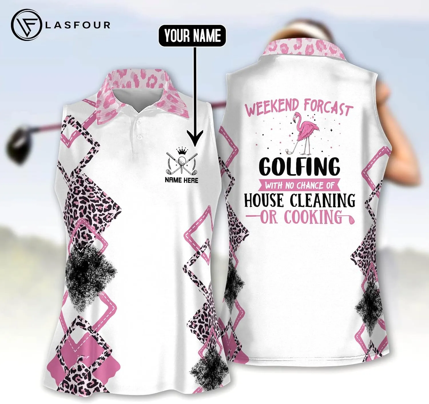 LASFOUR Personalized Funny Golf Shirts for Women Sleeveless. Funny Ladies Golf Shirts, Flamingo Golf Shirt Women