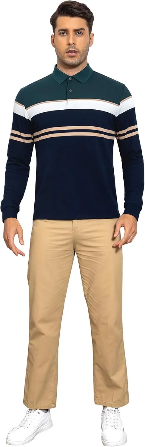 Long Sleeve Stripe Polo Shirts for Men Slim Fit Golf Collared Work Casual Rugby Shirts