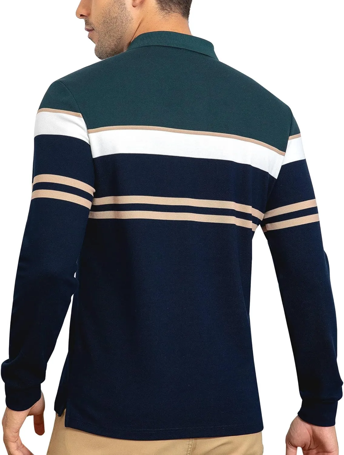 Long Sleeve Stripe Polo Shirts for Men Slim Fit Golf Collared Work Casual Rugby Shirts