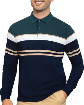Long Sleeve Stripe Polo Shirts for Men Slim Fit Golf Collared Work Casual Rugby Shirts