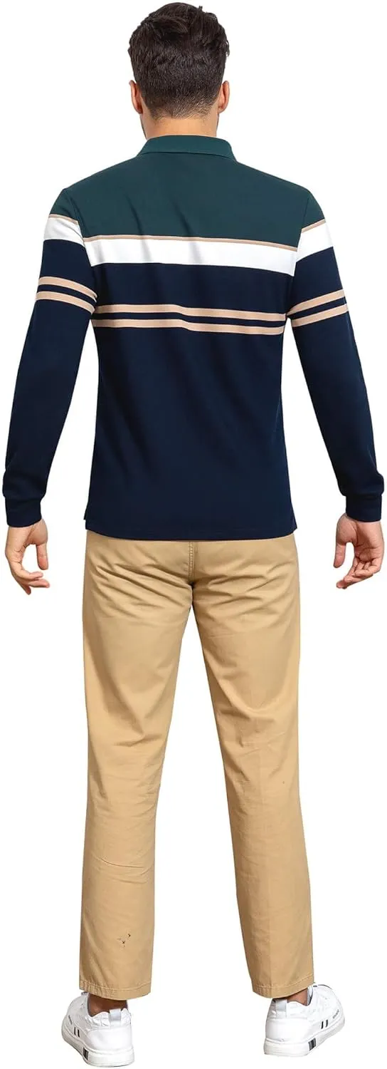 Long Sleeve Stripe Polo Shirts for Men Slim Fit Golf Collared Work Casual Rugby Shirts