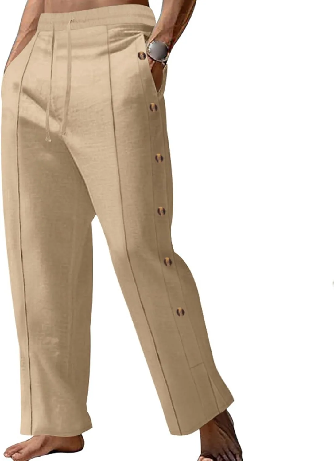 Mens Cotton Linen Elastic Waist Drawstring Trendy Button Decoration Comfy Yoga Summer Beach Trousers Pants