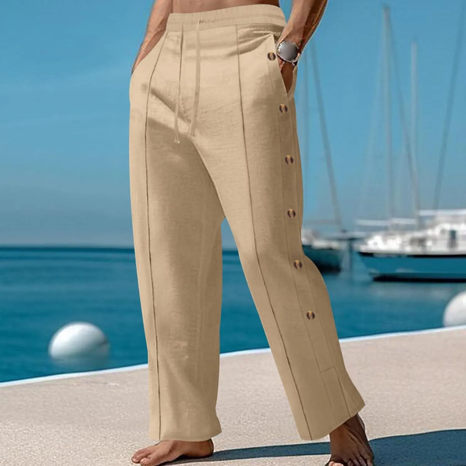 Mens Cotton Linen Elastic Waist Drawstring Trendy Button Decoration Comfy Yoga Summer Beach Trousers Pants