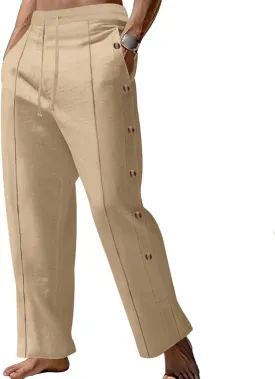 Mens Cotton Linen Elastic Waist Drawstring Trendy Button Decoration Comfy Yoga Summer Beach Trousers Pants