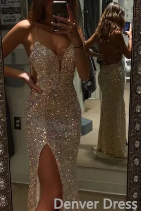 Mermaid Evening Dresses Spaghetti Straps V Neck Prom Dresses With Split