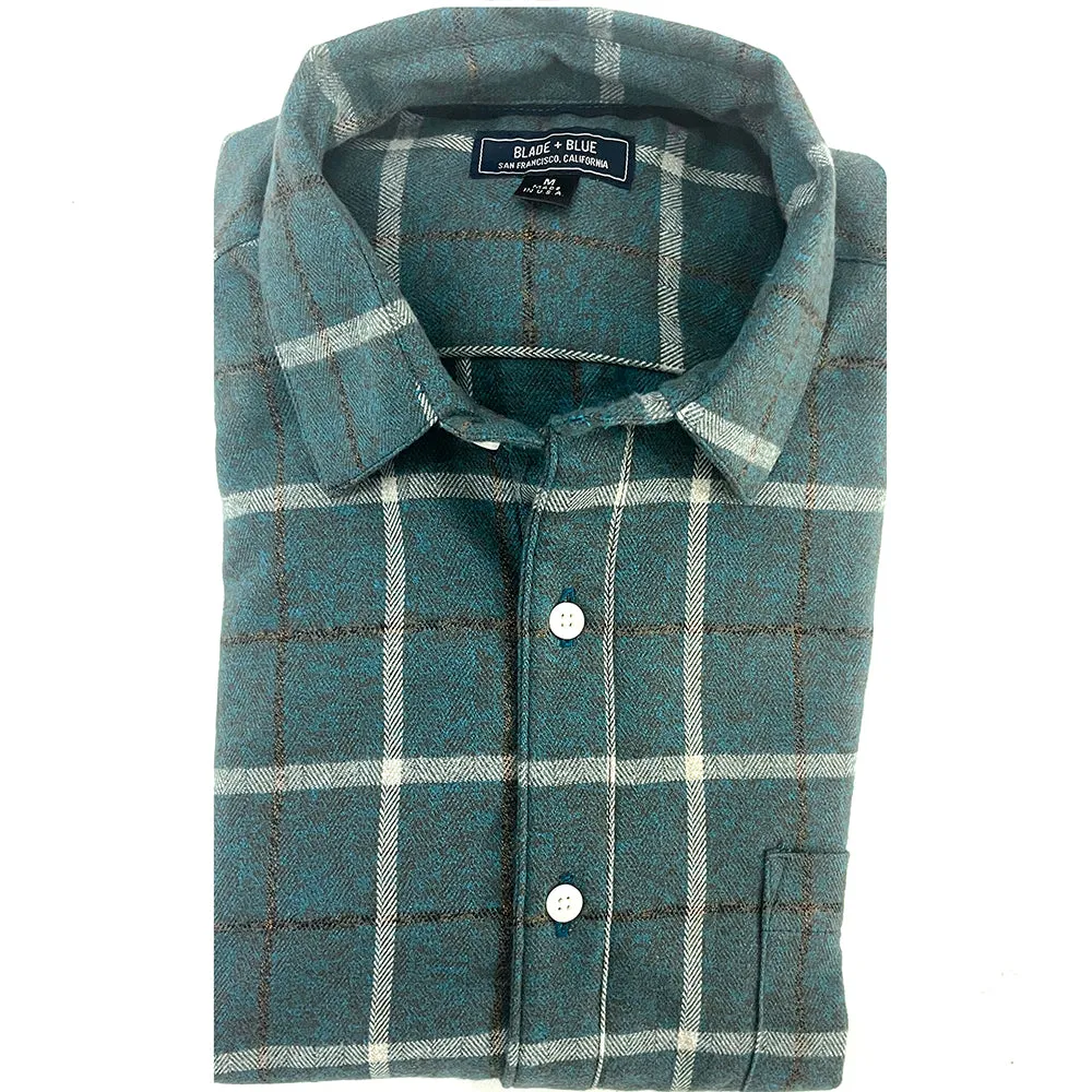NICKELSON Long Sleeve Shirt in Brushed Cotton Teal Plaid Herringbone Weave Plaid
