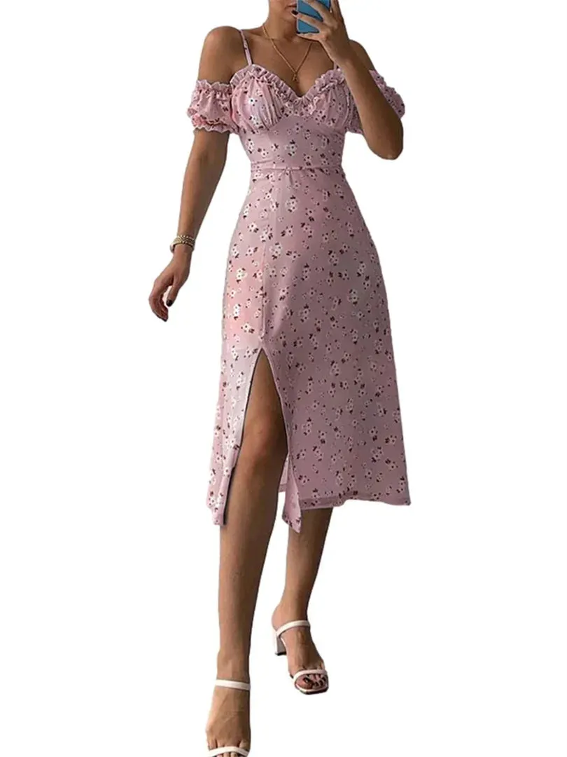 Off Shoulder Frilly Suspender V-neck Split Floral A-Line Midi Dress