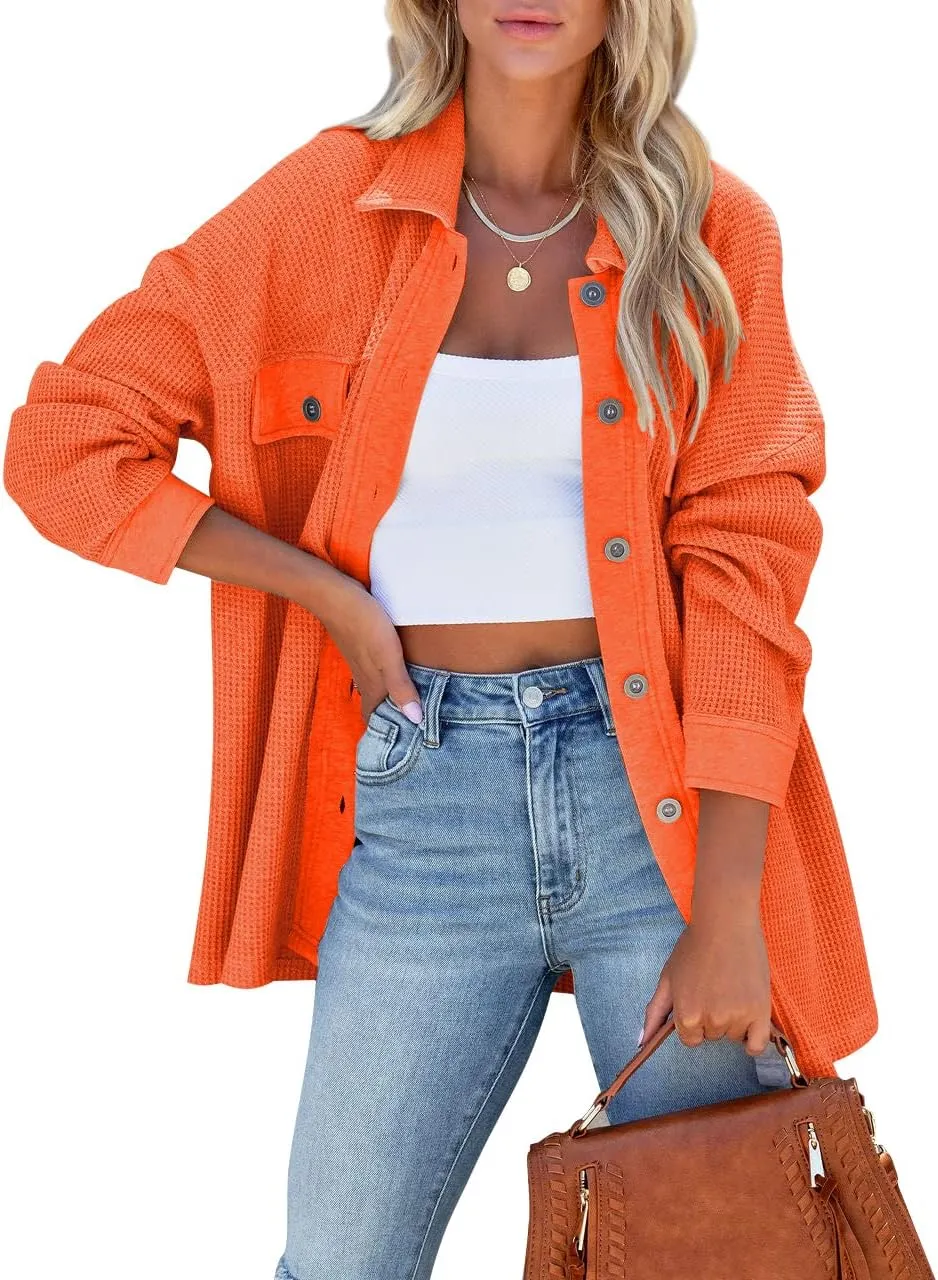 Paintcolors Women's Button Down Shirt Oversized Long Sleeve Frayed Knit Outerwear Tops with Pockets