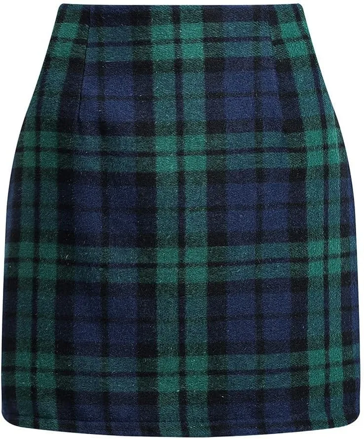 Plaid Skirt for Women Fall Mini Tweed Skirt Casual High Waisted Wool Skirts Elegant Bodycon Pencil Skirt