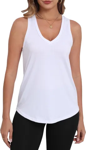 PRIMODA Womens Sleeveless Tank Tops V Neck Loose Fit Summer Casual Flowy Curved Tunic Shirt