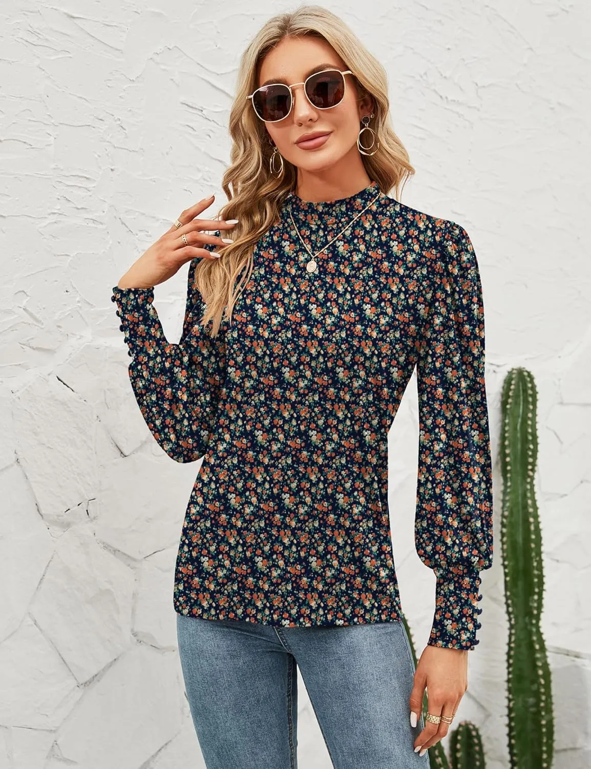 Qirno Womens Mock Neck Puff Long Sleeve Tops Casual Loose Solid Basic T Shirt Button Cuffs Pullovers Shirts Blouse