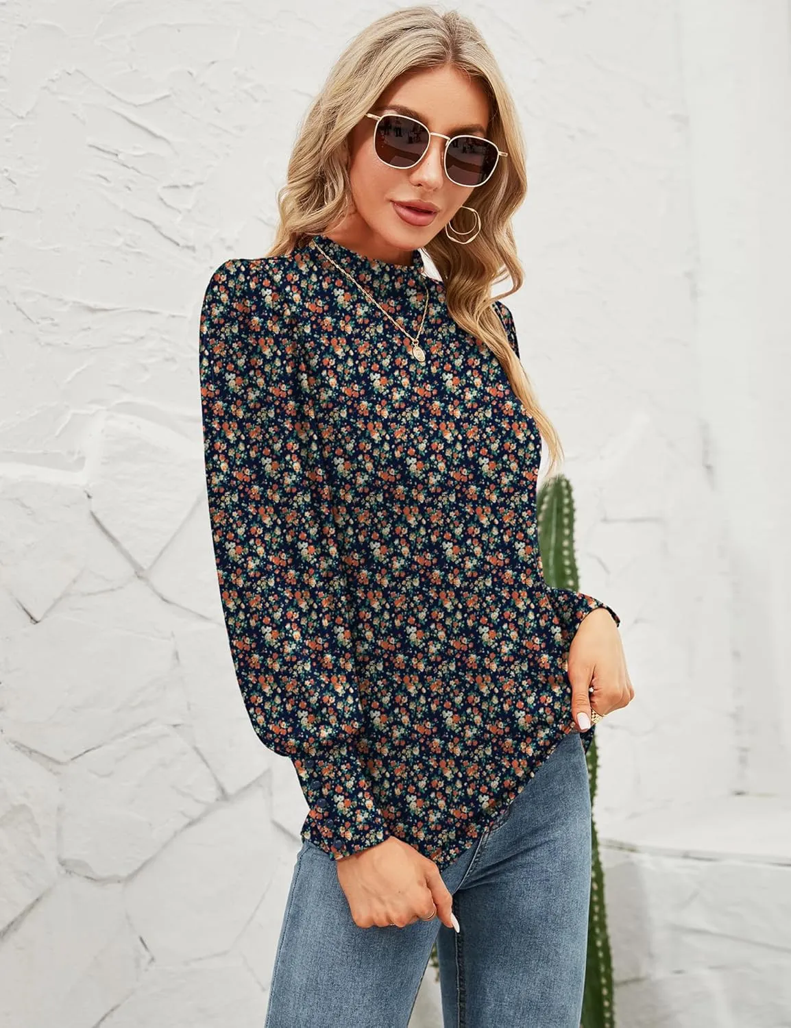 Qirno Womens Mock Neck Puff Long Sleeve Tops Casual Loose Solid Basic T Shirt Button Cuffs Pullovers Shirts Blouse
