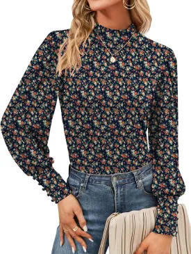 Qirno Womens Mock Neck Puff Long Sleeve Tops Casual Loose Solid Basic T Shirt Button Cuffs Pullovers Shirts Blouse