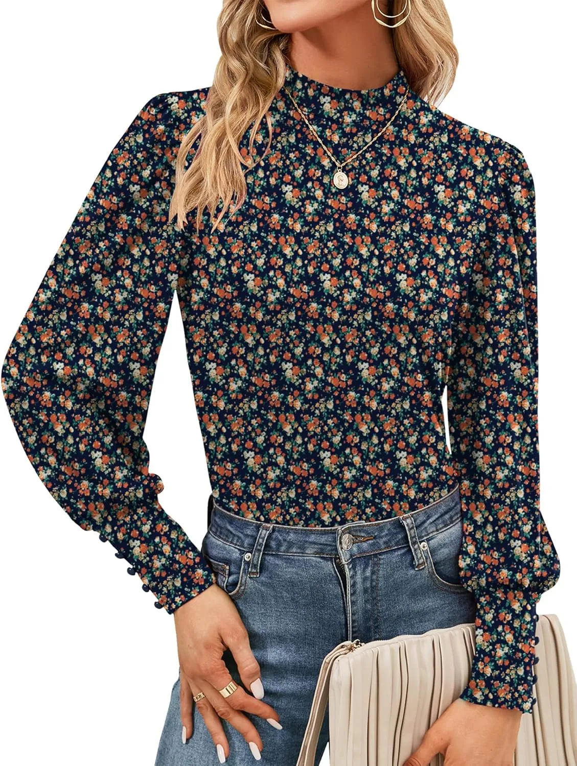 Qirno Womens Mock Neck Puff Long Sleeve Tops Casual Loose Solid Basic T Shirt Button Cuffs Pullovers Shirts Blouse