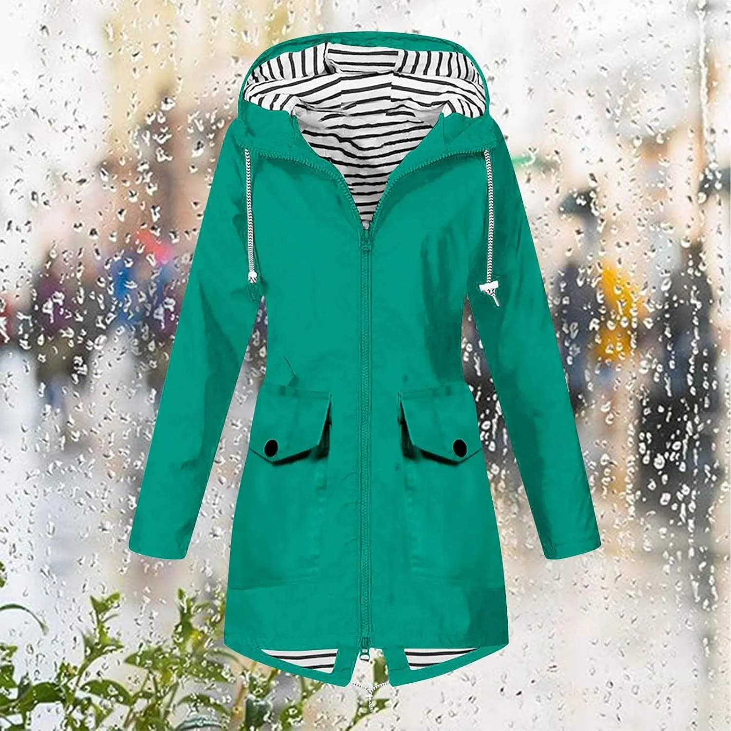 Rain Coats For Women Hiking Nylon Waterproof Hooded Zipper Length Coat Fall Winter Solid Color Outdoor Rain Jackets
