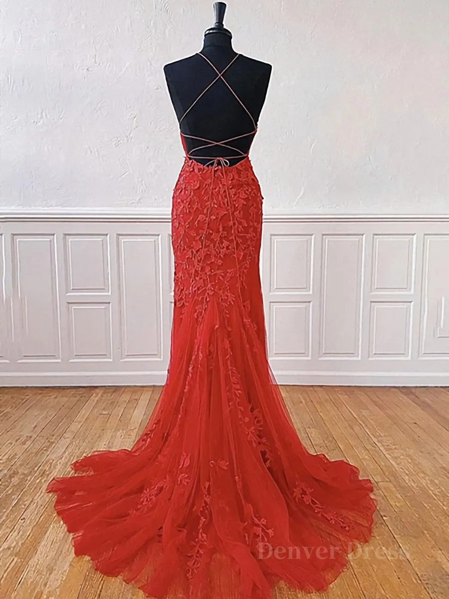 Red Backless Lace Prom Dresses Red Open Back Lace Formal Evening Dresses