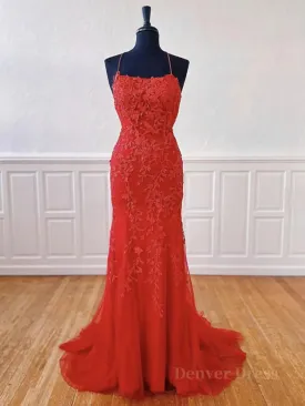 Red Backless Lace Prom Dresses Red Open Back Lace Formal Evening Dresses