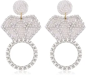 Rhinestone Wedding Bridal Earrings for Women Handmade Wedding Diamond Ring Beaded Drop Earrings Fun Statement Engagement Ring Dangle Earrings Bachelorette Party Jewelry Gifts