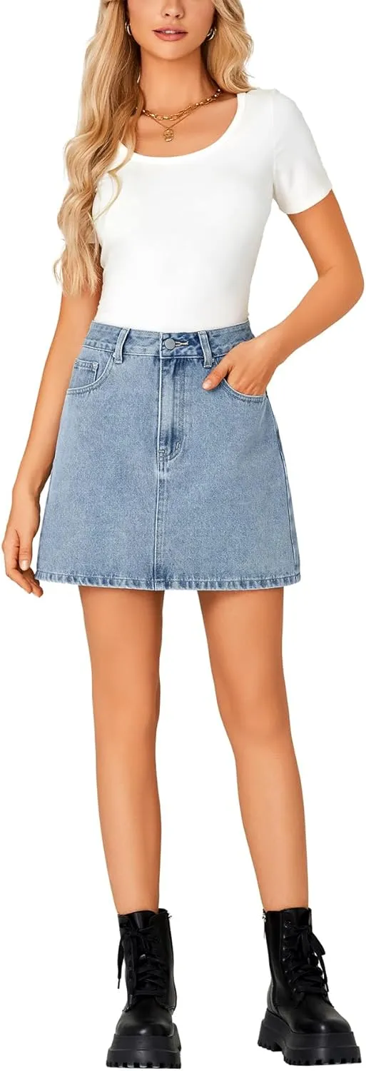Rooscier Women's High Waisted Jean Skirt Trendy Summer Button Up Denim Mini Skirt