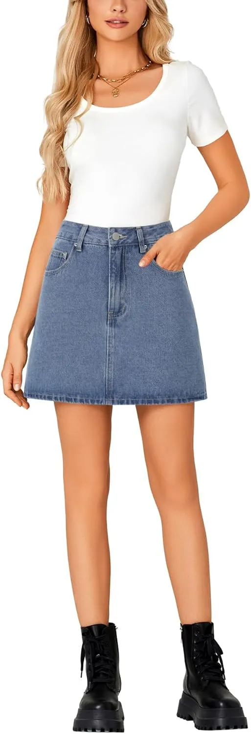 Rooscier Women's High Waisted Jean Skirt Trendy Summer Button Up Denim Mini Skirt