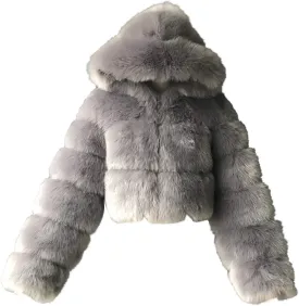 SACFOF Women's Winter Warm Jacket Faux Fur Hooded Jacket Long Sleeve Sexy Short Coat Winter Cropped Shearling Furry Overcoat