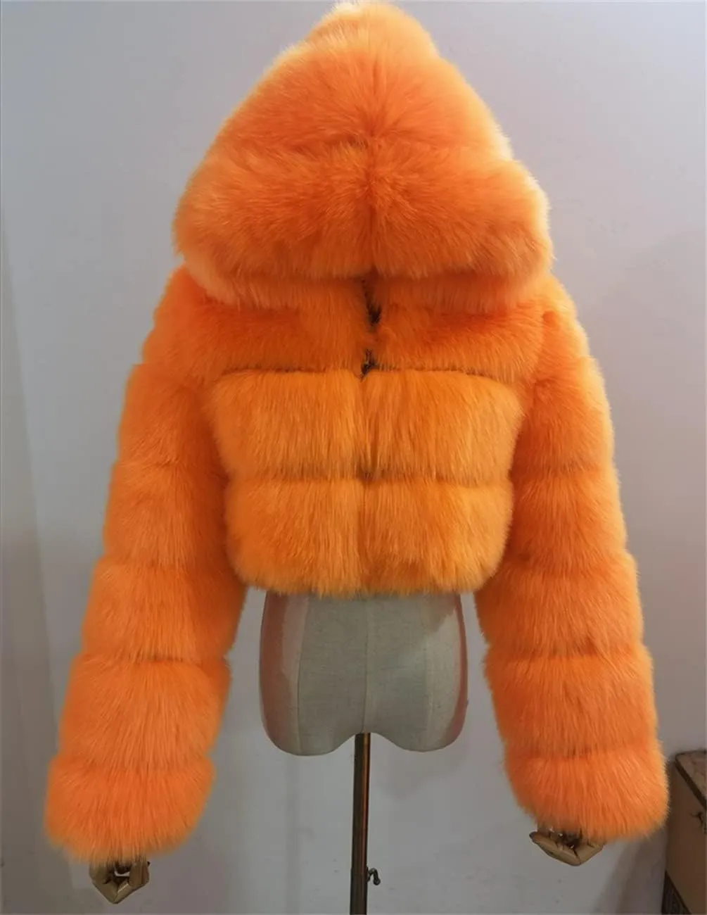 SACFOF Women's Winter Warm Jacket Faux Fur Hooded Jacket Long Sleeve Sexy Short Coat Winter Cropped Shearling Furry Overcoat