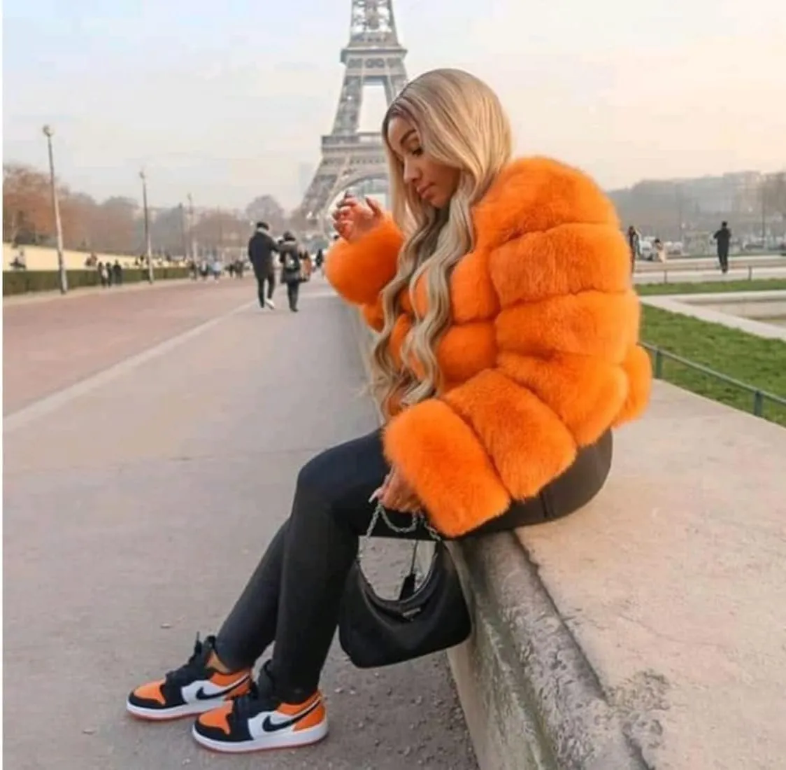 SACFOF Women's Winter Warm Jacket Faux Fur Hooded Jacket Long Sleeve Sexy Short Coat Winter Cropped Shearling Furry Overcoat