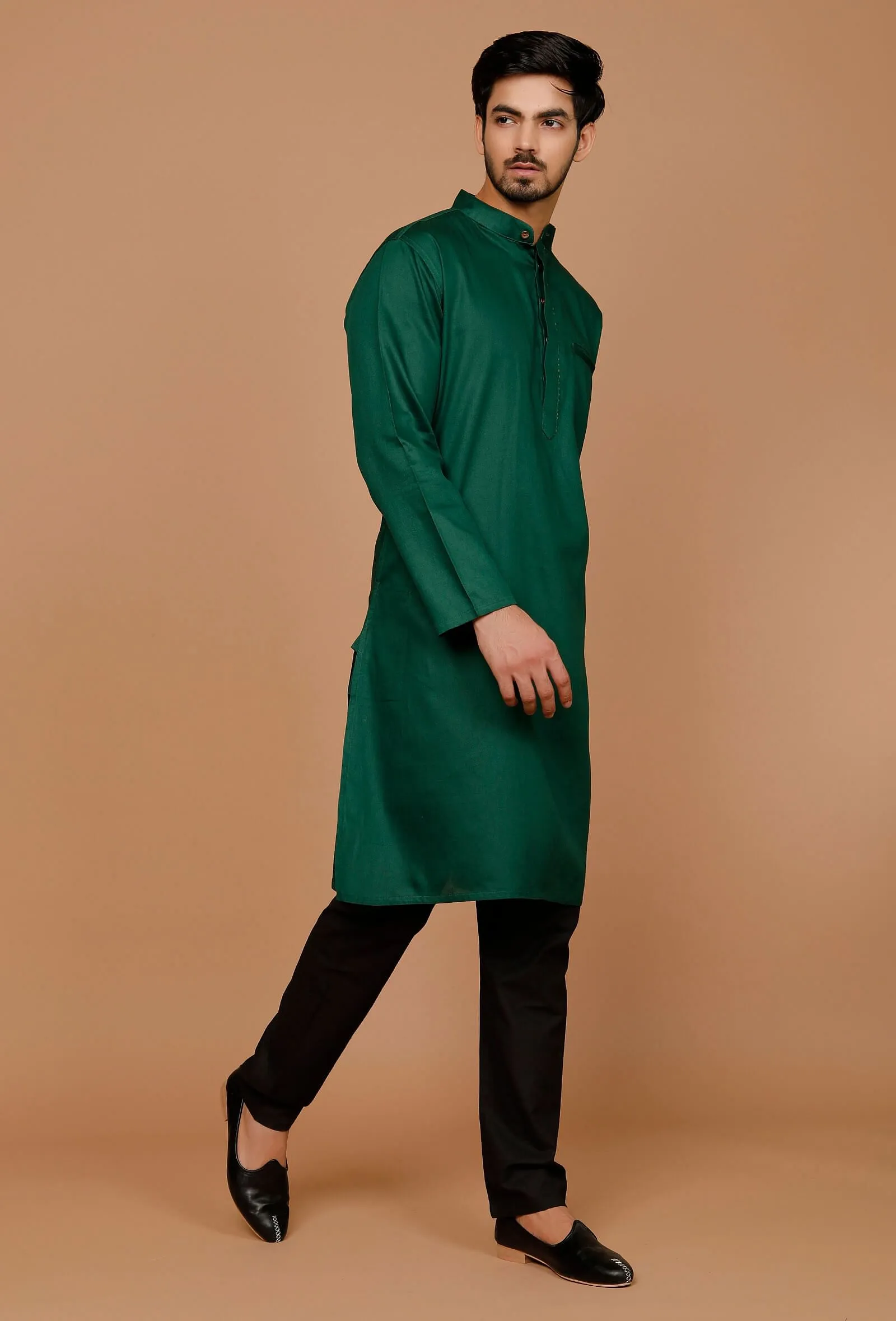 Set of 2:Pine Green Cotton Satin Kurta and Pyjama