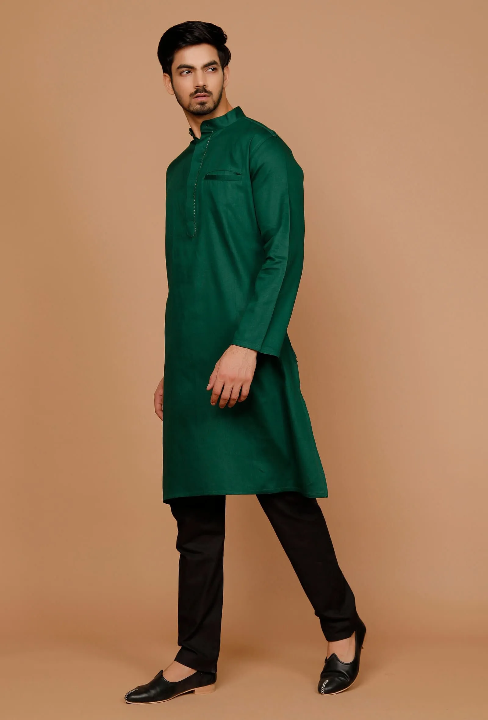 Set of 2:Pine Green Cotton Satin Kurta and Pyjama