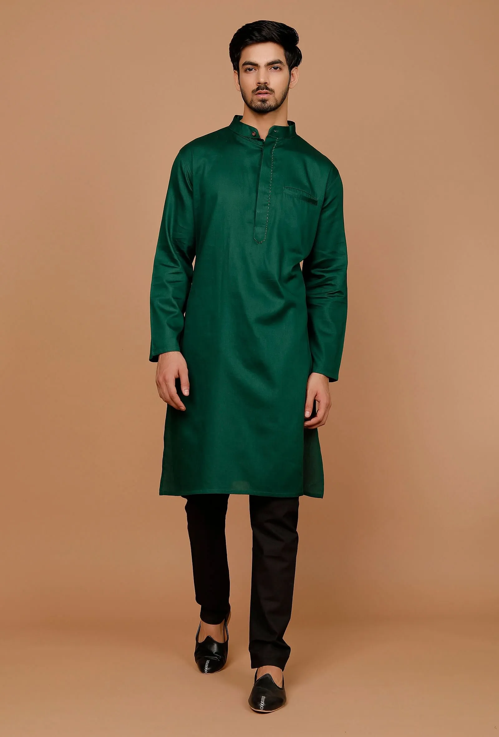 Set of 2:Pine Green Cotton Satin Kurta and Pyjama