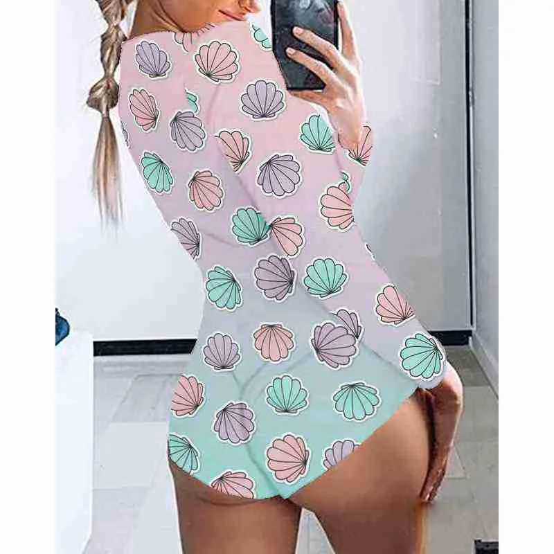 Sleepwear Summer Women Fashion Onesuit O-Neck Long Sleeve Homewear Skull Printed Casual  Polyster Jumpsuit Pyjamas Plus Size Pajama
