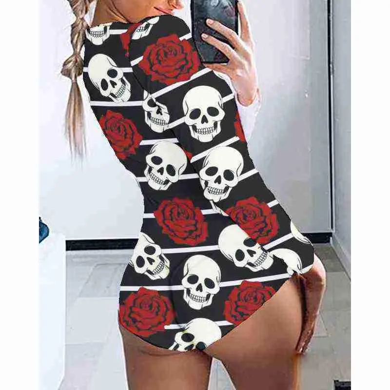 Sleepwear Summer Women Fashion Onesuit O-Neck Long Sleeve Homewear Skull Printed Casual  Polyster Jumpsuit Pyjamas Plus Size Pajama