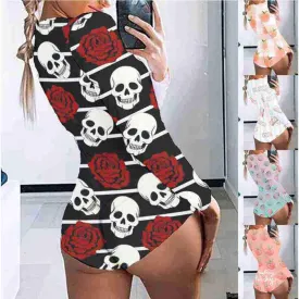 Sleepwear Summer Women Fashion Onesuit O-Neck Long Sleeve Homewear Skull Printed Casual  Polyster Jumpsuit Pyjamas Plus Size Pajama