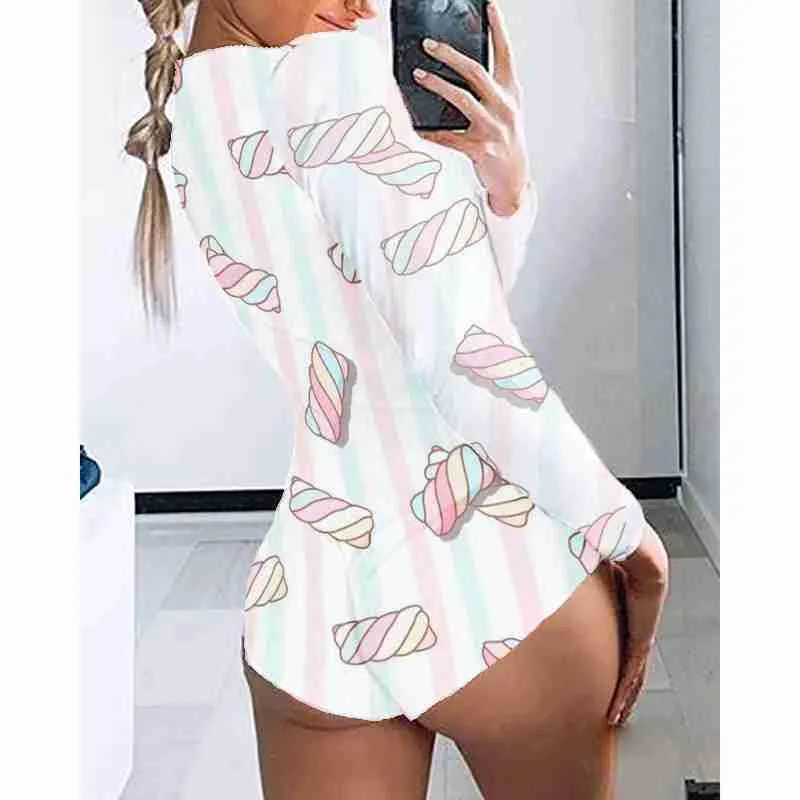 Sleepwear Summer Women Fashion Onesuit O-Neck Long Sleeve Homewear Skull Printed Casual  Polyster Jumpsuit Pyjamas Plus Size Pajama