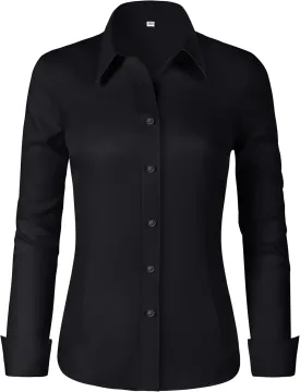 Soft Wrinkle-Free Women's Button Down Dress Shirts Solid Long Sleeve Work Blouses Fit Stretch Casual Tops XXS-6XL