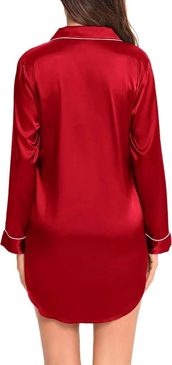 SWOMOG Women's Satin Sleep Shirt Long Sleeve Sleepwear Silk Nightshirt Button Down Pajama Top
