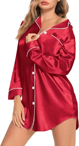 SWOMOG Women's Satin Sleep Shirt Long Sleeve Sleepwear Silk Nightshirt Button Down Pajama Top